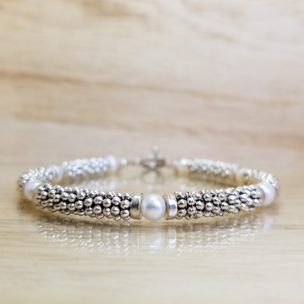 Beaded Pearl & Silver Gemstone Toggle Bracelet by Vicky Beeds